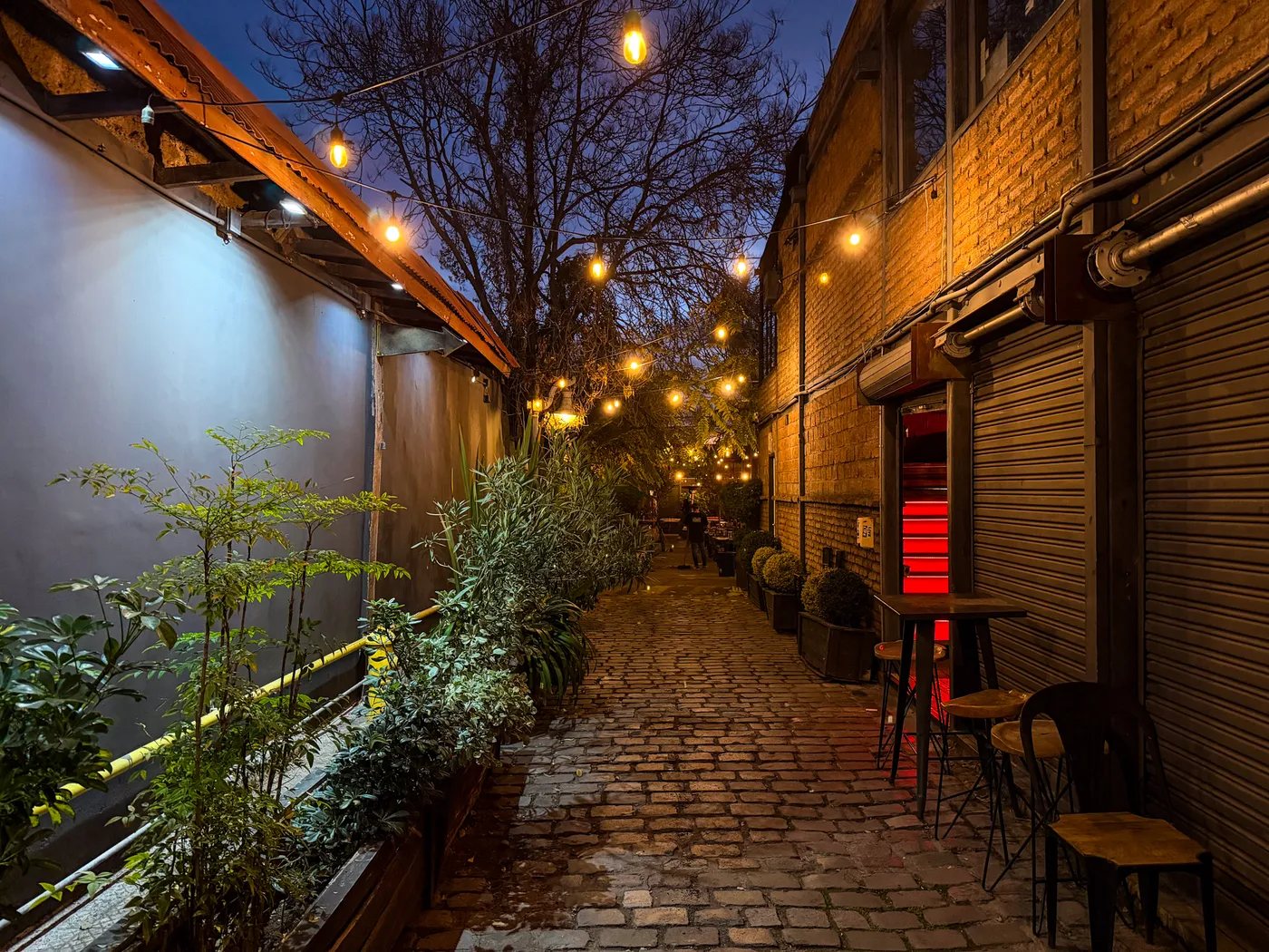 Pasaje empedrado con luces colgantes en Bellavista