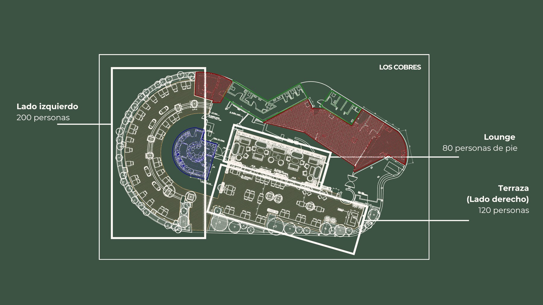 Plano de Jardín Los Cobres con sus tres sectores: lado izquierdo, lounge y terraza
